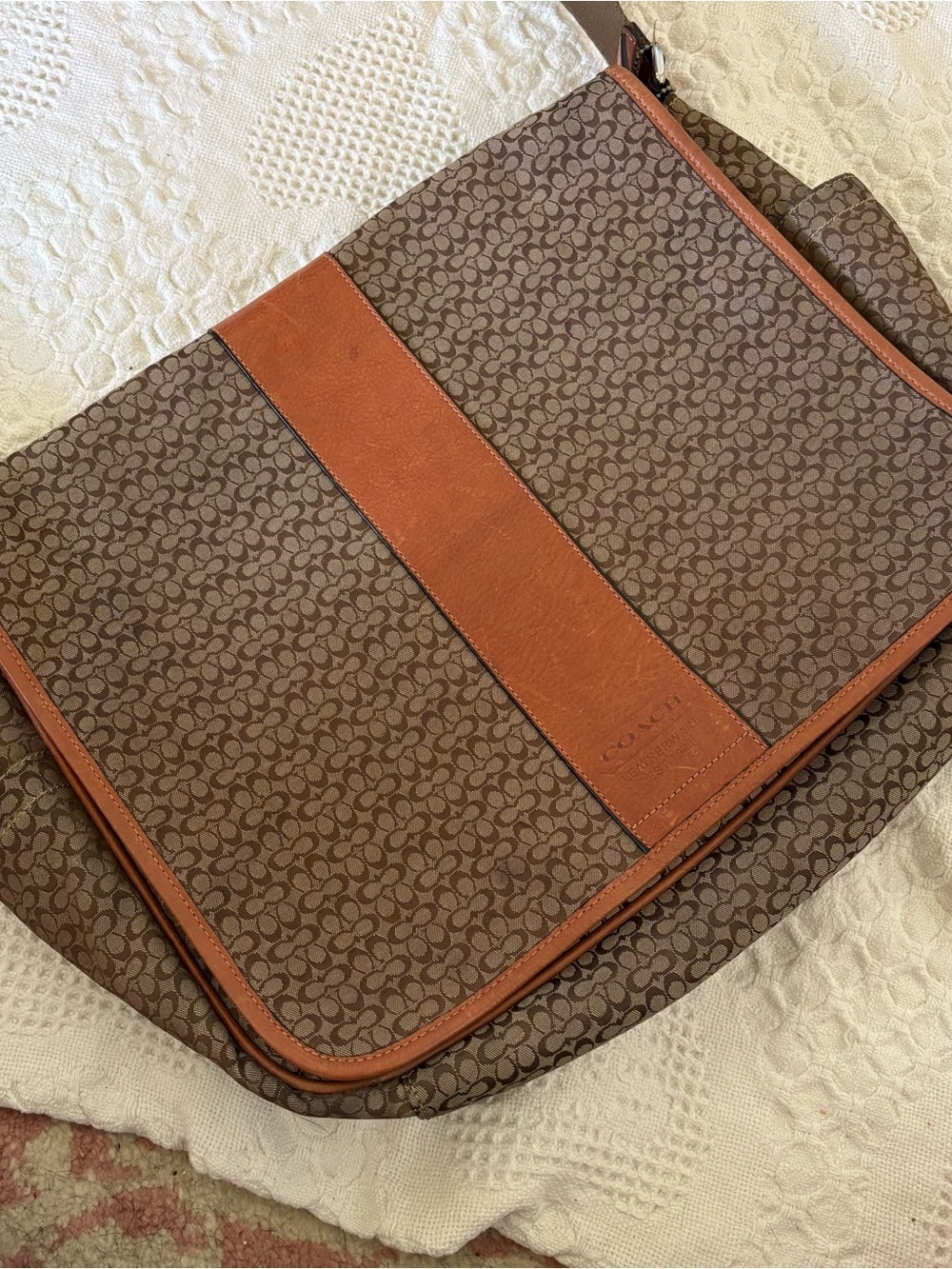 Coach Brown Signature Canvas Messenger Bag with Cognac Leather Stripe